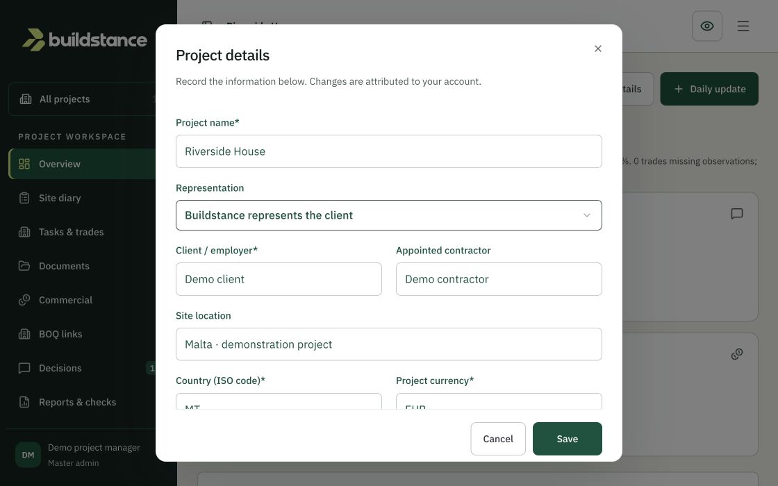 Riverside House project details, team responsibilities and project settings — demo, synthetic data